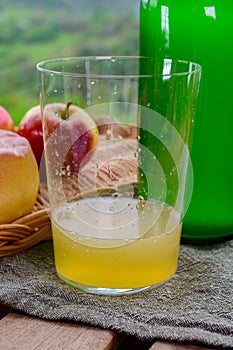 n cider made fromÃÂ fermented apples and Asturian cow smoked cheese and view Picos de Europa mountains on background photo
